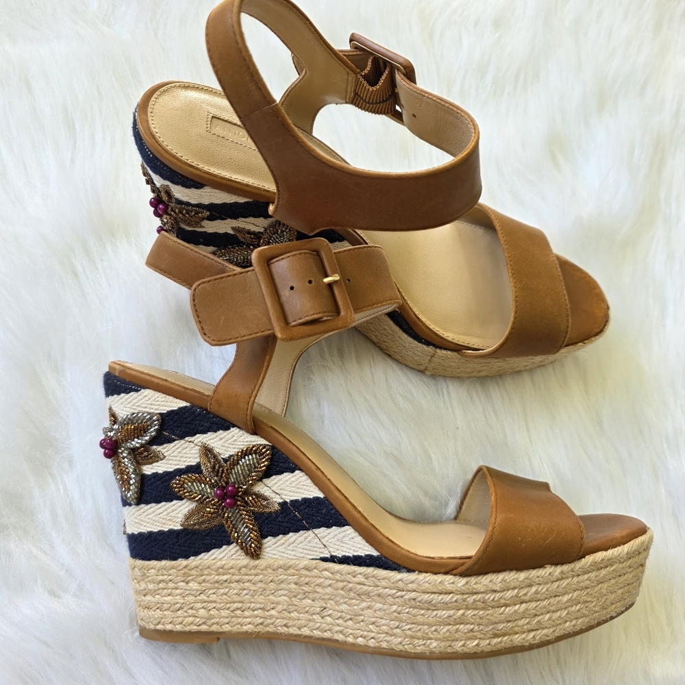 Antonio Melani Beaded Brown Leather Platform Heels Size 10
